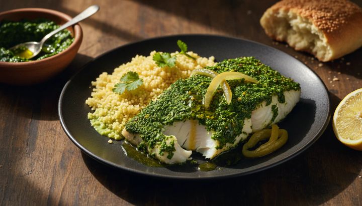 recette marocaine du cabillaud à la chermoula, citron confit et huile d'argan.